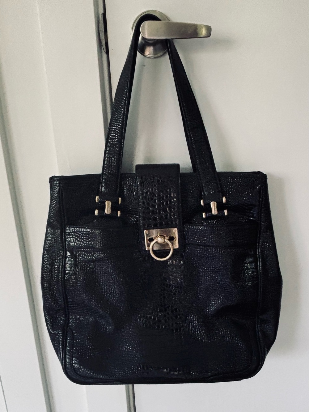 Ann Taylor Large Black Patent Leather Crocodile Top Handle Purse/Bag